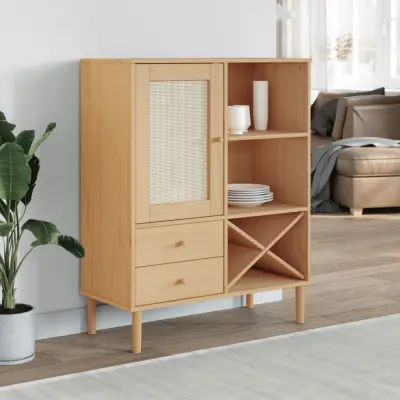 The Living Store Komoda SENJA videz ratana rjava 90x40x112 cm trdna borovina - Komoda