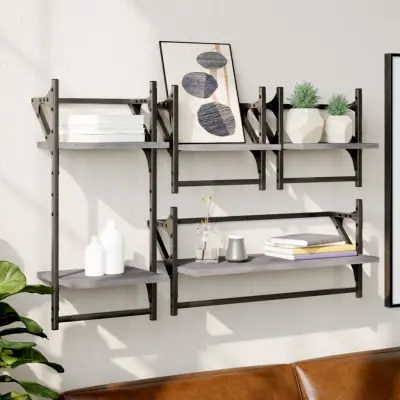 The Living Store Komplet stenskih polic s prečkami 4-delni siva sonoma inž. les - Komplet Stenskih Polic