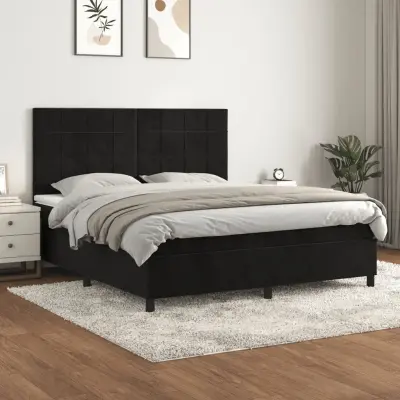 The Living Store Box spring postelja z vzmetnico črna 160x200 cm žamet - Box Spring Postelja