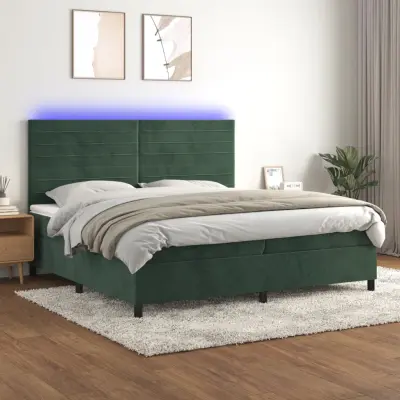 The Living Store Box spring postelja z vzmetnico LED tem. zelena 200x200cm žamet - Box Spring Postelja