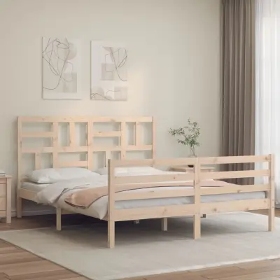 The Living Store Posteljni okvir z vzglavjem trden les - Posteljni Okvir