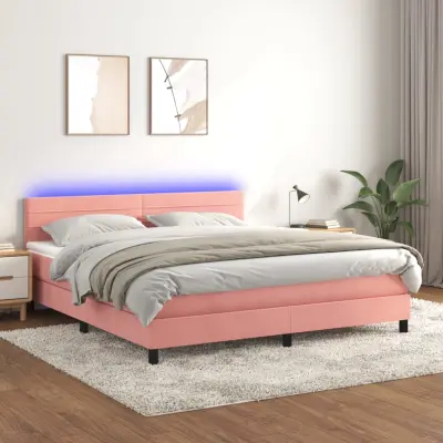 The Living Store Box spring postelja z vzmetnico LED roza 180x200 cm žamet - Box Spring Postelja