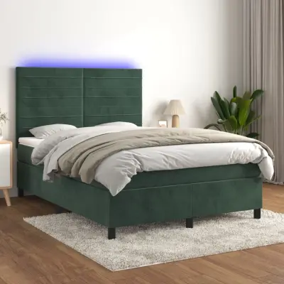The Living Store Box spring postelja z vzmetnico LED tem. zelena 140x190cm žamet - Box Spring Postelja
