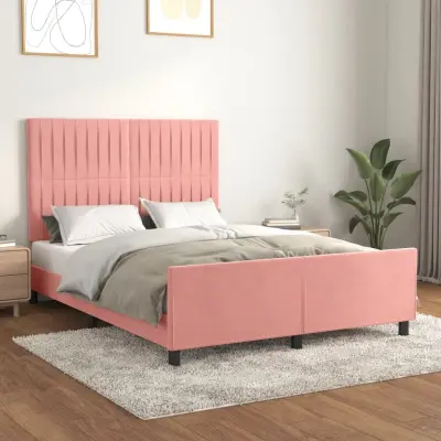 The Living Store Posteljni okvir z vzglavjem roza 140x190 cm žamet - Posteljni Okvir Z Vzglavjem