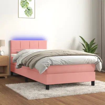 The Living Store Box spring postelja z vzmetnico LED roza 90x200 cm žamet - Box Spring Postelja
