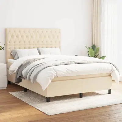 The Living Store Box spring postelja z vzmetnico krem 140x190 cm blago - Box Spring Postelja