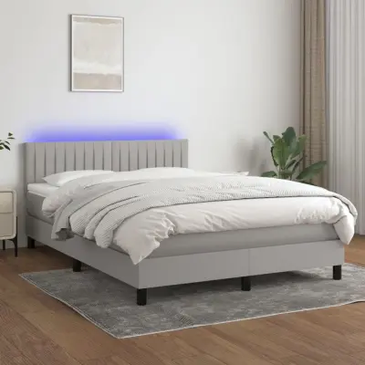 The Living Store Box spring postelja z vzmetnico LED svetlo siva 140x190cm blago - Box Spring Postelja