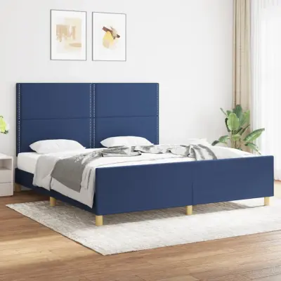 The Living Store Posteljni okvir z vzglavjem moder 180x200 cm blago - Posteljni Okvir Z Vzglavjem