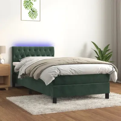 The Living Store Box spring postelja z vzmetnico LED tem. zelena 90x190 cm žamet - Box Spring Postelja
