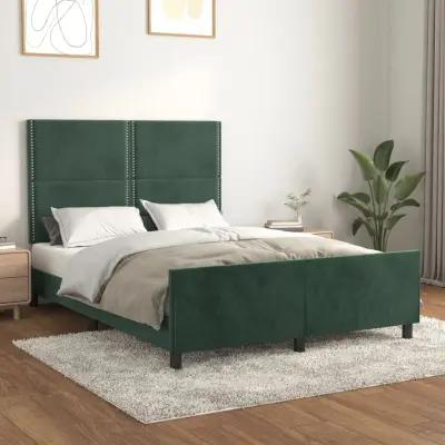 The Living Store Posteljni okvir z vzglavjem temno zelen 140x190 cm žamet - Posteljni Okvir Z Vzglavjem