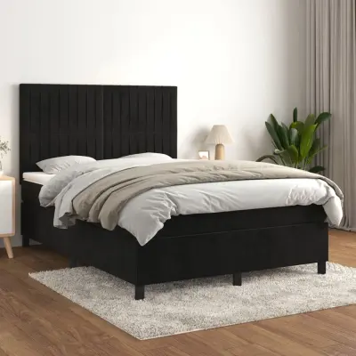 The Living Store Box spring posteljni z vzmetnico črn 140x190 cm žamet - Box Spring Postelja