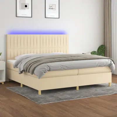 The Living Store Box spring postelja z vzmetnico LED krem 200x200 cm blago - Box Spring Postelja