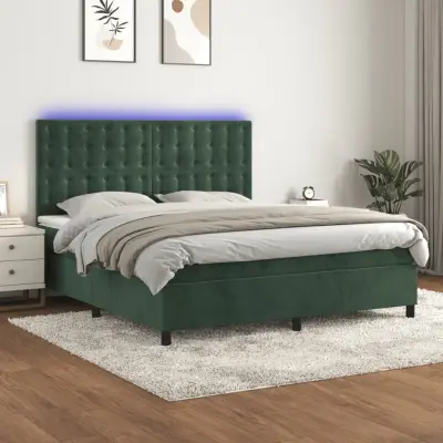 The Living Store Box spring postelja z vzmetnico LED tem. zelena 160x200cm žamet - Box Spring Postelja