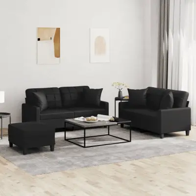The Living Store Sedežna garnitura z vzglavniki 3-delna črno umetno usnje - Sedežna Garnitura