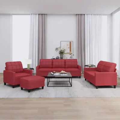 The Living Store Sedežna garnitura 4-delna z blazinami vinsko rdeče umetno usnje - Sedežna Garnitura