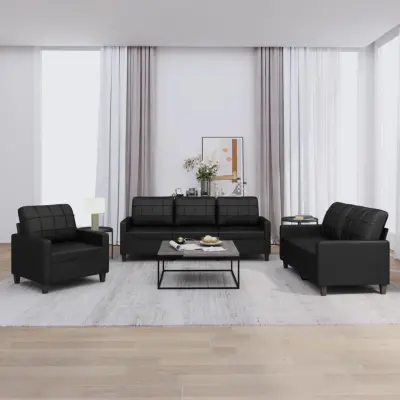 The Living Store Sedežna garnitura 3-delna z blazinami črno umetno usnje - Sedežna Garnitura