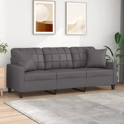 The Living Store Kavč trosed z okrasnimi blazinami siv 180 cm umetno usnje - Kavč Trosed