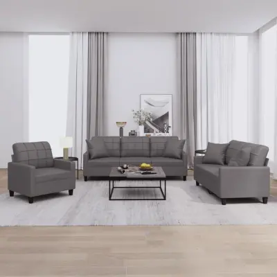 The Living Store Sedežna garnitura z vzglavniki 3-delna sivo umetno usnje - Sedežna Garnitura