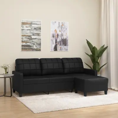 The Living Store Kavč trosed s stolčkom za noge črn 180 cm umetno usnje - Trosed S Stolčkom Za Noge