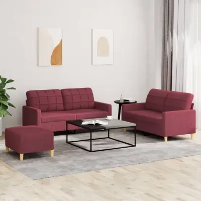 The Living Store Sedežna garnitura z blazinami 3-delna vinsko rdeče blago - Sedežna Garnitura