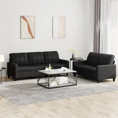 The Living Store Sedežna garnitura 2-delna z blazinami črno umetno usnje - Sedežna Garnitura