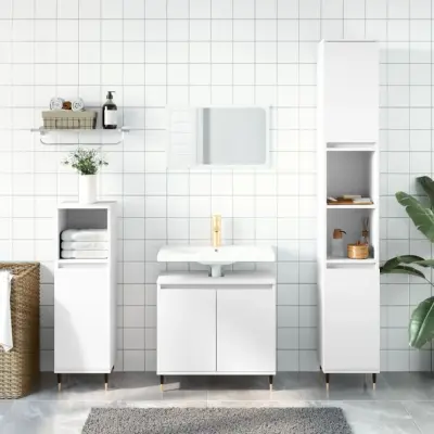 The Living Store Komplet kopalniških omaric 3-delni bel inženirski les - Komplet Kopalniškega Pohištva
