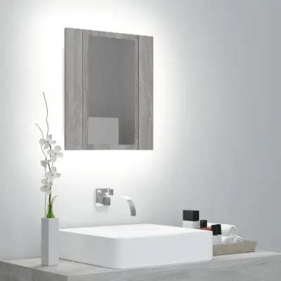 The Living Store LED kopalniška omarica z ogledalom siva sonoma 40x12x45 cm - LED Omarica Z Ogledalom