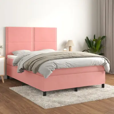 The Living Store Box spring postelja z vzmetnico roza 140x190 cm žamet - Box Spring Postelja