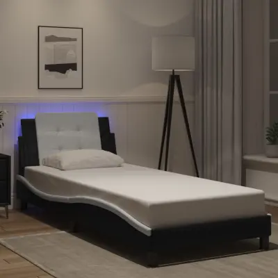 The Living Store Posteljni okvir z LED lučkami črn bel 100x200 cm umetno usnje - Posteljni Okvir
