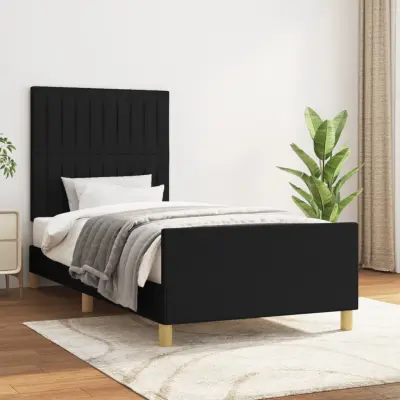 The Living Store Posteljni okvir z vzglavjem črn 100x200 cm blago - Posteljni Okvir Z Vzglavjem