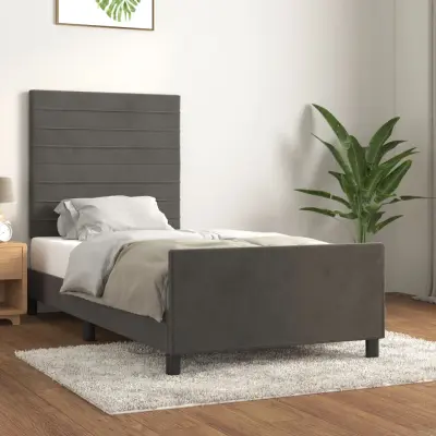 The Living Store Posteljni okvir z vzglavjem temno siv 90x190 cm žamet - Posteljni Okvir Z Vzglavjem