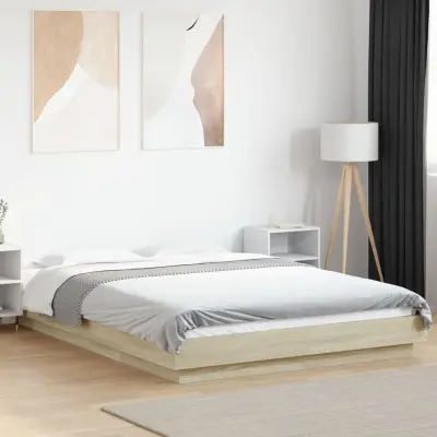 The Living Store Posteljni okvir z LED lučkami sonoma hrast 135x190 cm inž. les - Posteljni Okvir