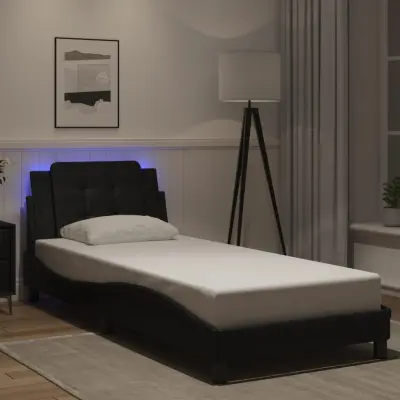 The Living Store Posteljni okvir z LED lučkami črn 90x200 cm umetno usnje - Posteljni Okvir