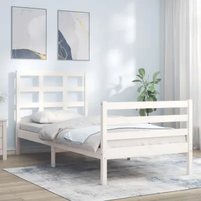The Living Store Posteljni okvir z vzglavjem bel trden les - Posteljni Okvir
