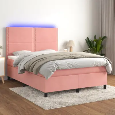 The Living Store Box spring postelja z vzmetnico LED roza 140x190 cm žamet - Box Spring Postelja