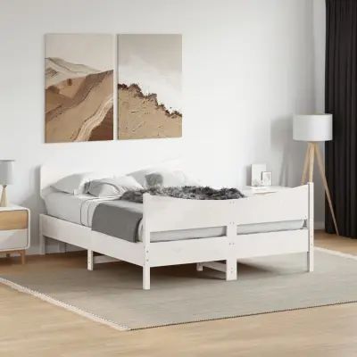 The Living Store Posteljni okvir brez vzmetnice bel 160x200 cm trdna borovina - Posteljni Okvir