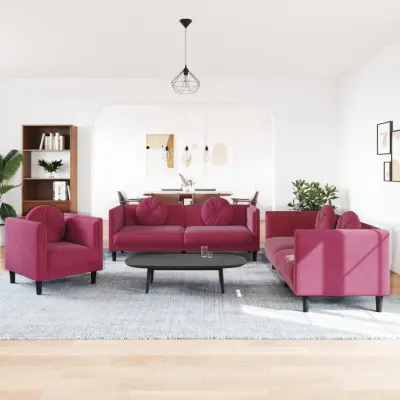 The Living Store Sedežna garnitura z vzglavniki 3-delna vinsko rdeč žamet - Sedežna Garnitura