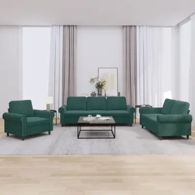 The Living Store Sedežna garnitura 3-delna z blazinami temno zelen žamet - Sedežna Garnitura