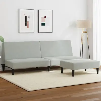 The Living Store Kavč dvosed z ležiščem in stolčkom za noge svetlo siv žamet - Kavč Z Ležiščem