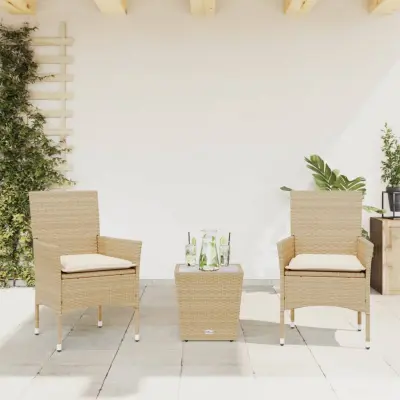 The Living Store Bistro garnitura 3-delna z blazinami bež poli ratan in steklo - Bistro Garnitura