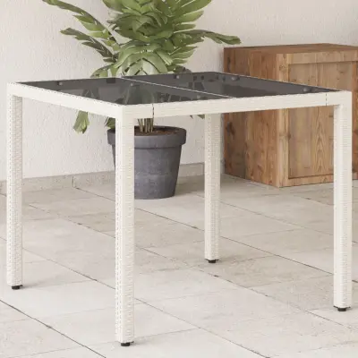 The Living Store Vrtna miza s stekleno ploščo bela 90x90x75 cm poli ratan - Vrtna Miza