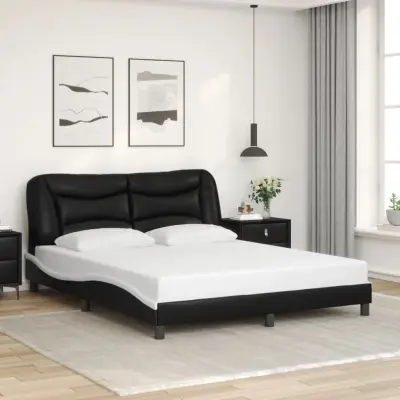 The Living Store Posteljni okvir z vzglavjem črn in bel 160x200 cm umetno usnje - Posteljni Okvir