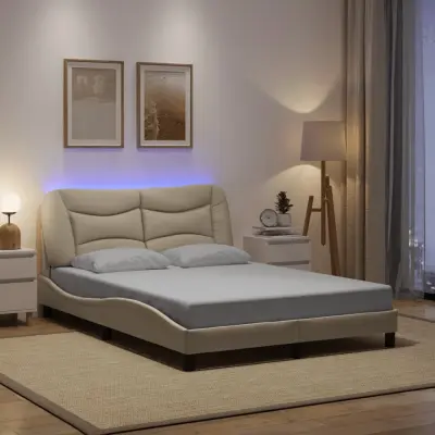 The Living Store Posteljni okvir z LED lučkami krem 140x200 cm tkanina - Posteljni Okvir