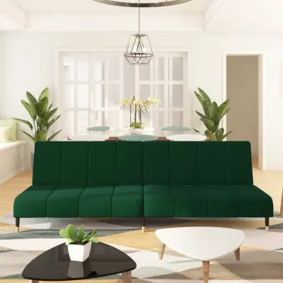 The Living Store Kavč dvosed z ležiščem temno zelen žamet - Raztegljiv Kavč