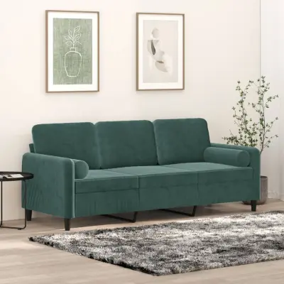 The Living Store Kavč trosed z okrasnimi blazinami temno zelen 180 cm žamet - Trosed