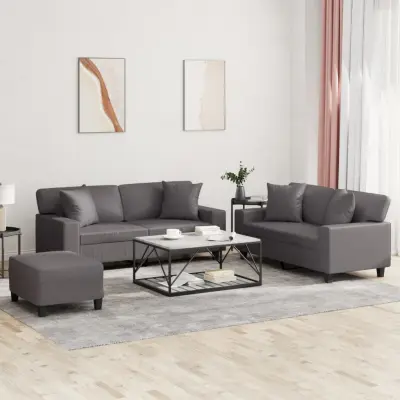 The Living Store Sedežna garnitura z vzglavniki 3-delna sivo umetno usnje - Sedežna Garnitura