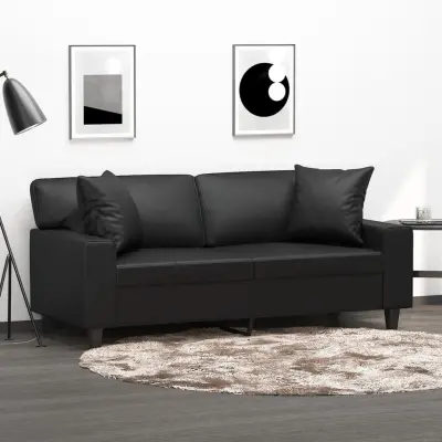 The Living Store Kavč dvosed z okrasnimi blazinami črn 140 cm umetno usnje - Kavč Dvosed