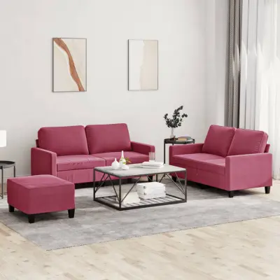 The Living Store Sedežna garnitura z blazinami 3-delna vinsko rdeč žamet - Sedežna Garnitura