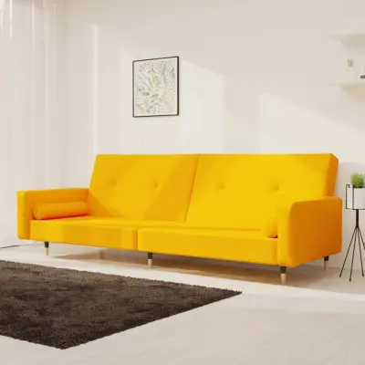 The Living Store Kavč dvosed z ležiščem in dvema blazinama rumen žamet - Raztegljiv Kavč