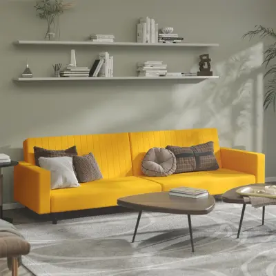 The Living Store Kavč dvosed z ležiščem rumen žamet - Raztegljiv Kavč